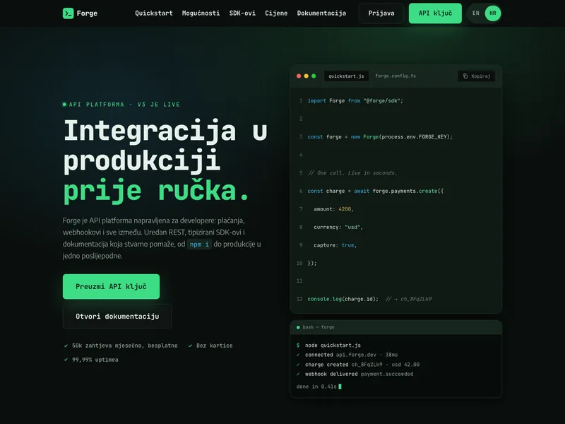 Razvojni alat / API platforma - Landing stranica
